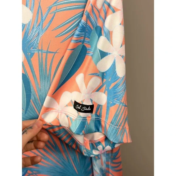 Bad Birdie Mens Large Tropical Floral Golf Polo Shirt Coral Teal Short Sleeve - Picture 3 of 5